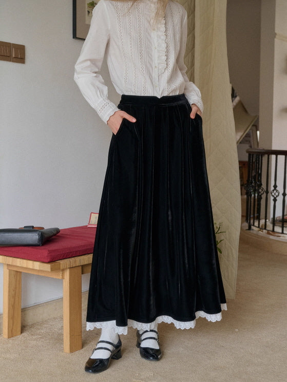 Velvet Embroidered Vest & Skirt – Floral Detail Black Set