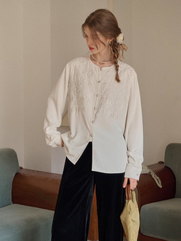 Soft Ivory Embroidered Vintage Blouse