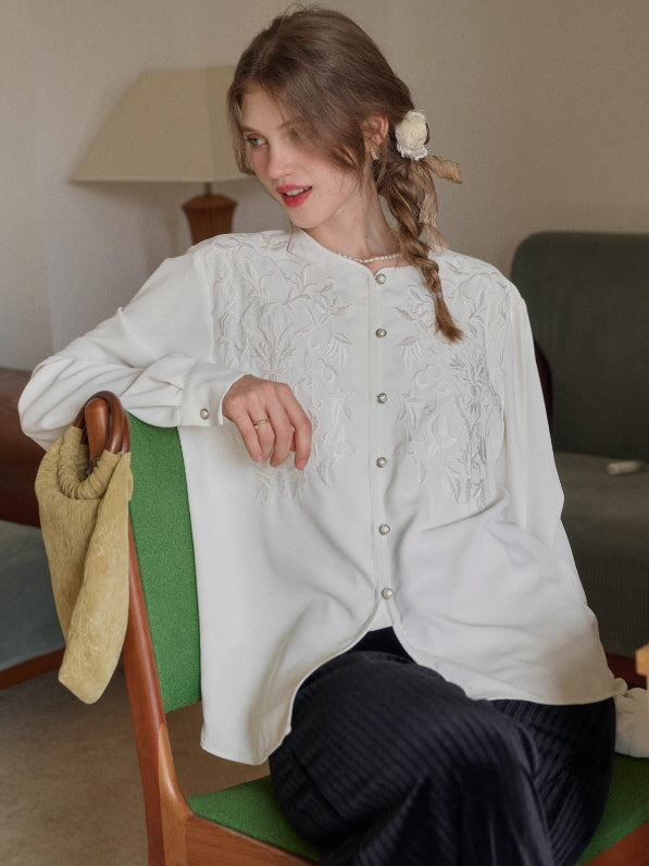 Soft Ivory Embroidered Vintage Blouse