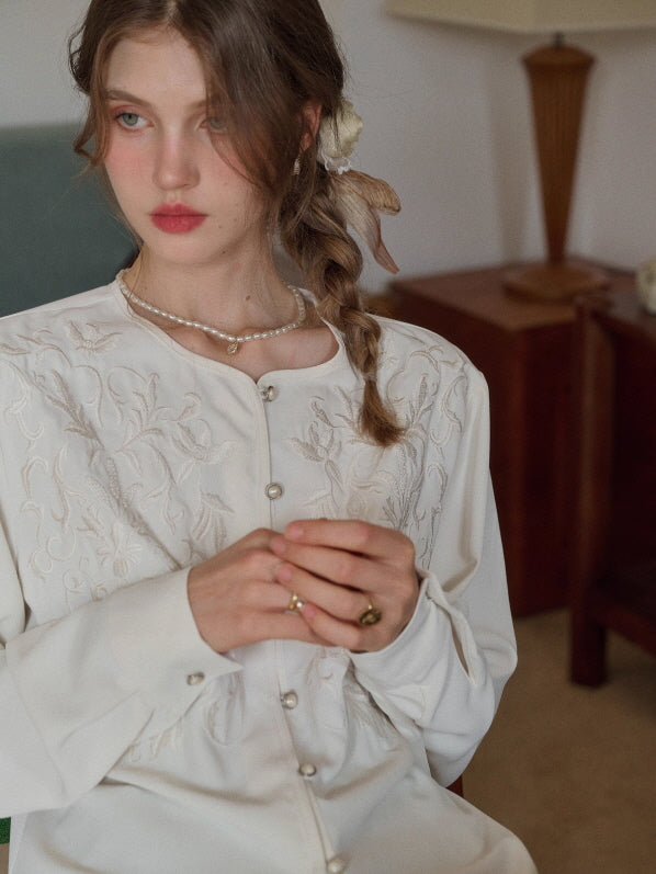 Soft Ivory Embroidered Vintage Blouse