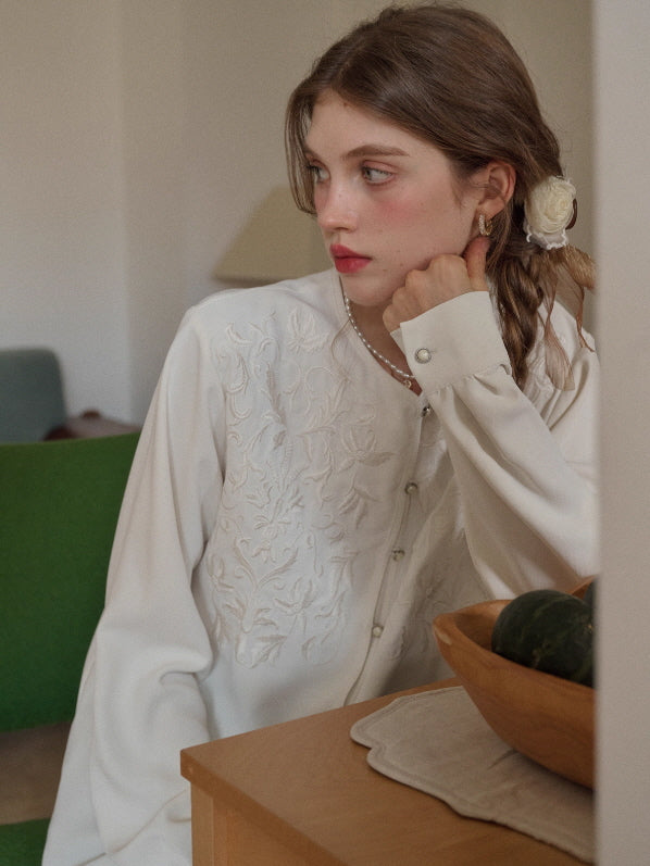 Soft Ivory Embroidered Vintage Blouse