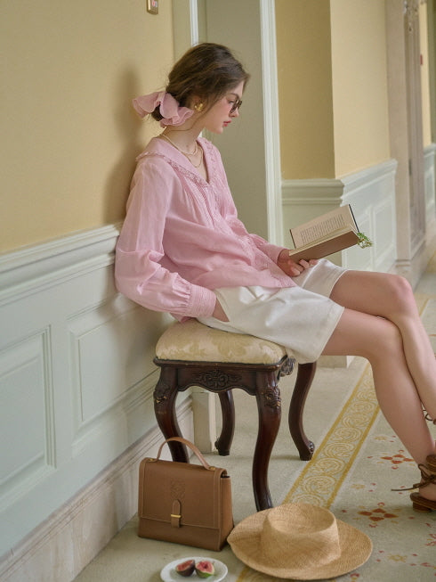 Rosy Lace Collar Vintage Blouse