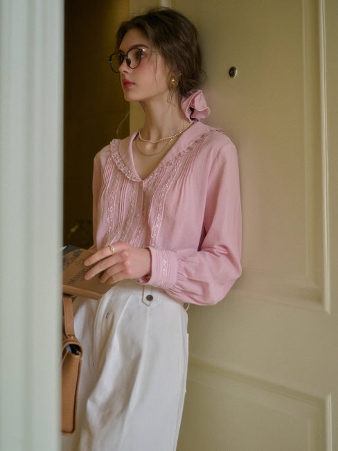 Rosy Lace Collar Vintage Blouse