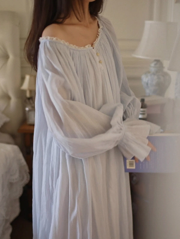 Moonlit Blue Ruffle Long-Sleeve Nightgown