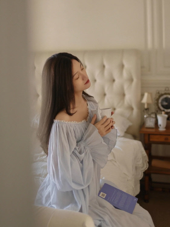 Moonlit Blue Ruffle Long-Sleeve Nightgown