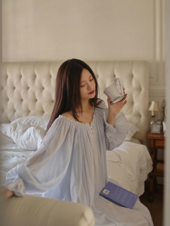 Moonlit Blue Ruffle Long-Sleeve Nightgown