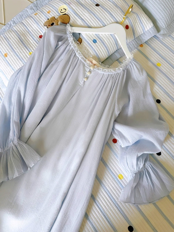 Moonlit Blue Ruffle Long-Sleeve Nightgown