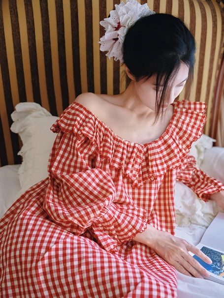 Gingham Ruffle Cottage Long-Sleeve Nightgown
