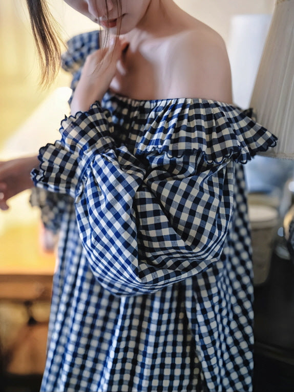 Gingham Ruffle Cottage Long-Sleeve Nightgown