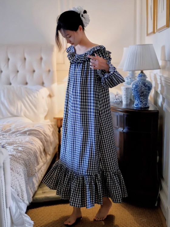 Gingham Ruffle Cottage Long-Sleeve Nightgown
