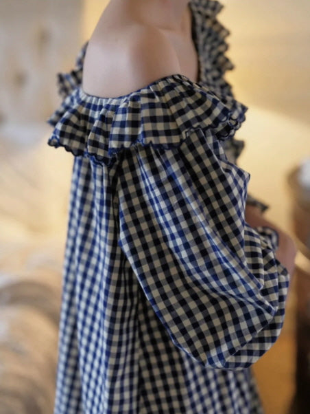 Gingham Ruffle Cottage Long-Sleeve Nightgown