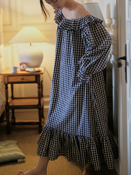 Gingham Ruffle Cottage Long-Sleeve Nightgown