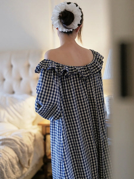 Gingham Ruffle Cottage Long-Sleeve Nightgown