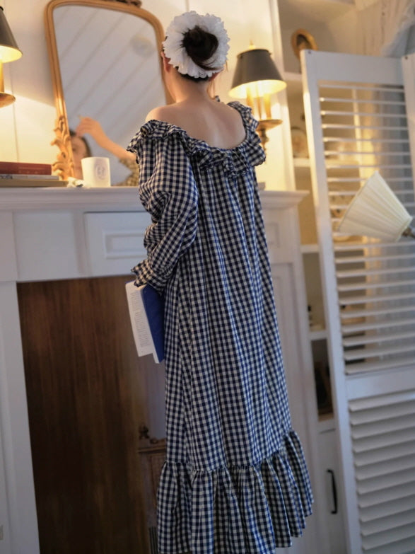 Gingham Ruffle Cottage Long-Sleeve Nightgown