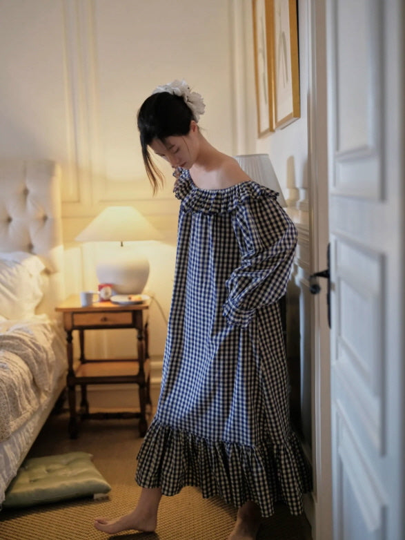 Gingham Ruffle Cottage Long-Sleeve Nightgown