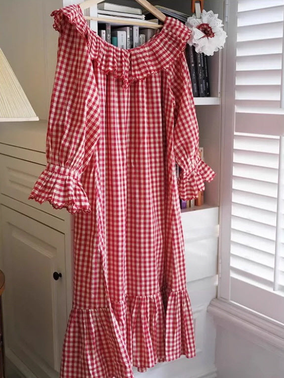 Gingham Ruffle Cottage Long-Sleeve Nightgown