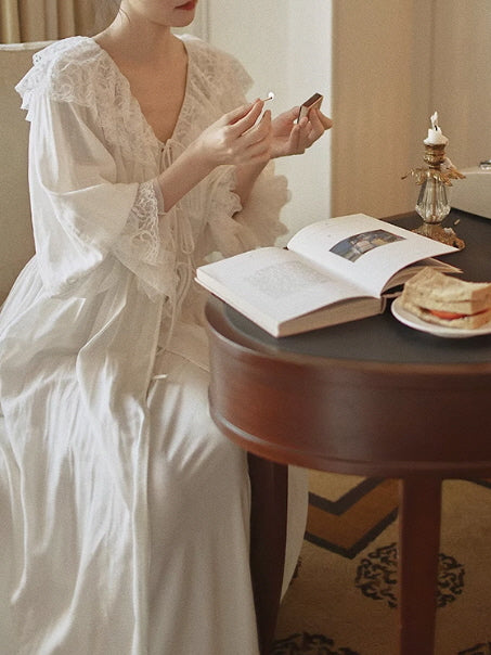 White Lace Layered Vintage Long-Sleeve Nightgown Set