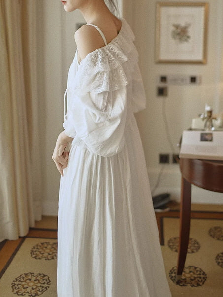 White Lace Layered Vintage Long-Sleeve Nightgown Set