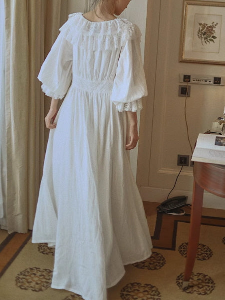 White Lace Layered Vintage Long-Sleeve Nightgown Set