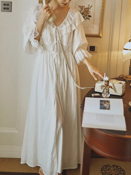 White Lace Layered Vintage Long-Sleeve Nightgown Set