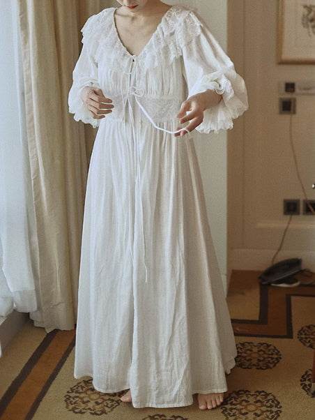 White Lace Layered Vintage Long-Sleeve Nightgown Set