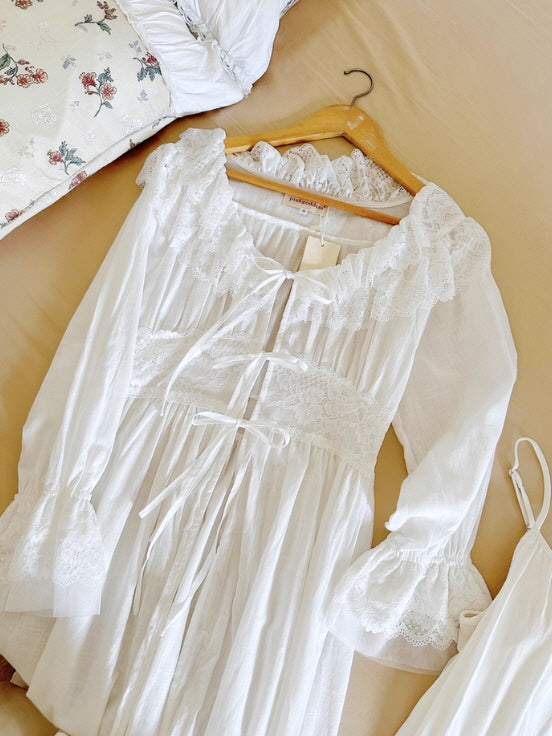 White Lace Layered Vintage Long-Sleeve Nightgown Set