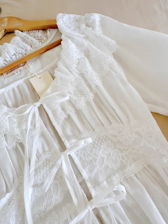 White Lace Layered Vintage Long-Sleeve Nightgown Set
