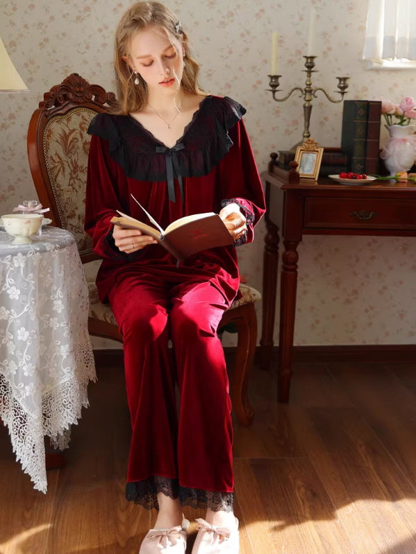 French Retro Velvet Princess Loungewear Set
