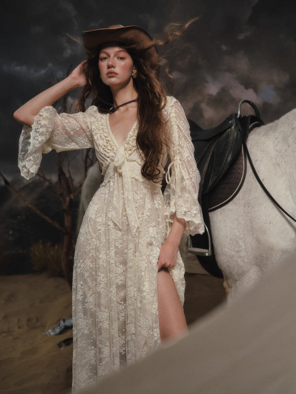 lace and sheer dress Moonlit Lace Long Dress – Embroidered Sheer Dress with Slit – Cottagecore | Vintage