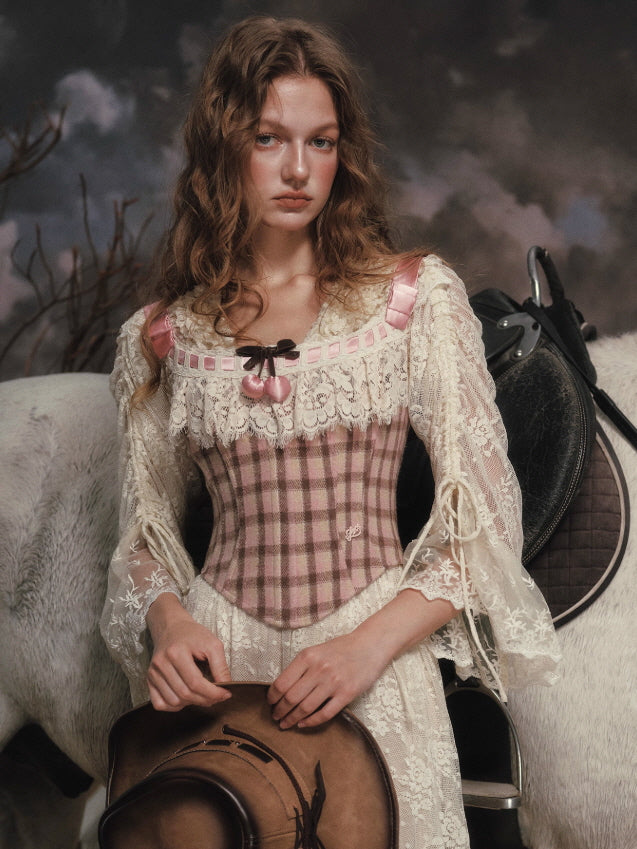 Rosy Plaid Lace Ribbon Corset – Vintage Pink Check Corset Top