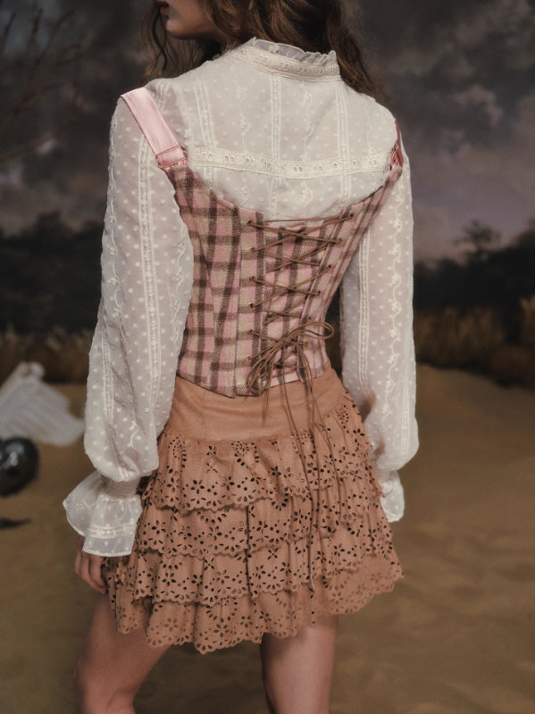 Rosy Plaid Lace Ribbon Corset – Vintage Pink Check Corset Top