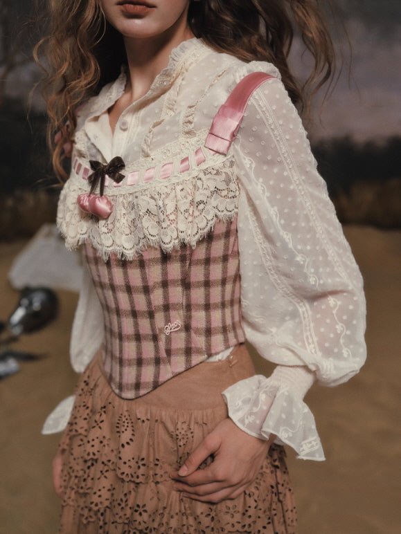 Rosy Plaid Lace Ribbon Corset – Vintage Pink Check Corset Top