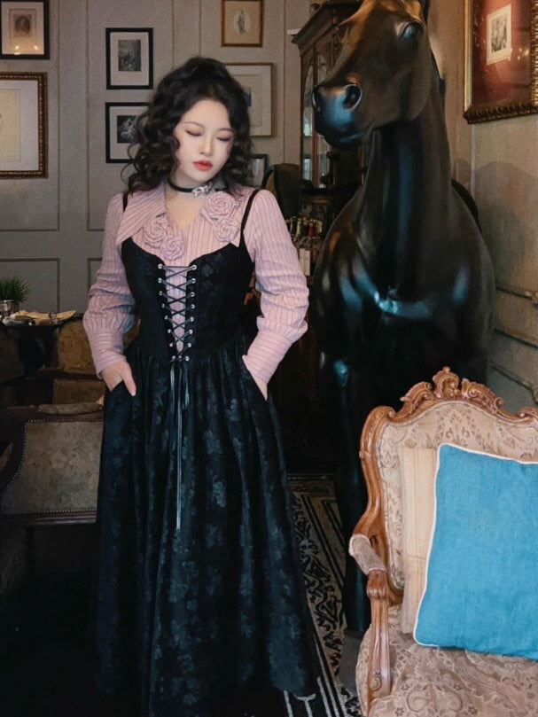 Midnight Rose Lace-Up Vintage Dress