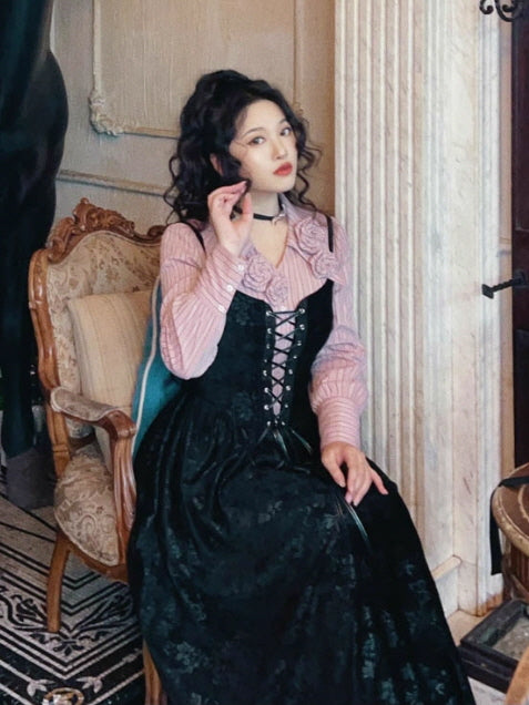 Midnight Rose Lace-Up Vintage Dress