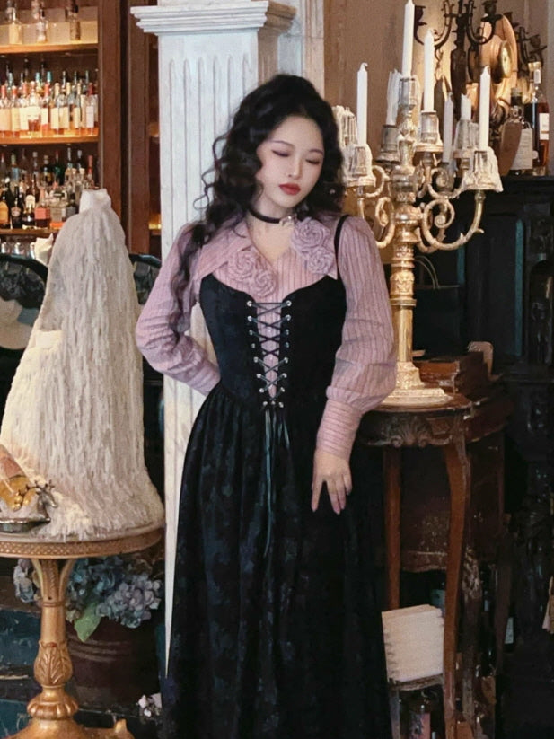 Midnight Rose Lace-Up Vintage Dress