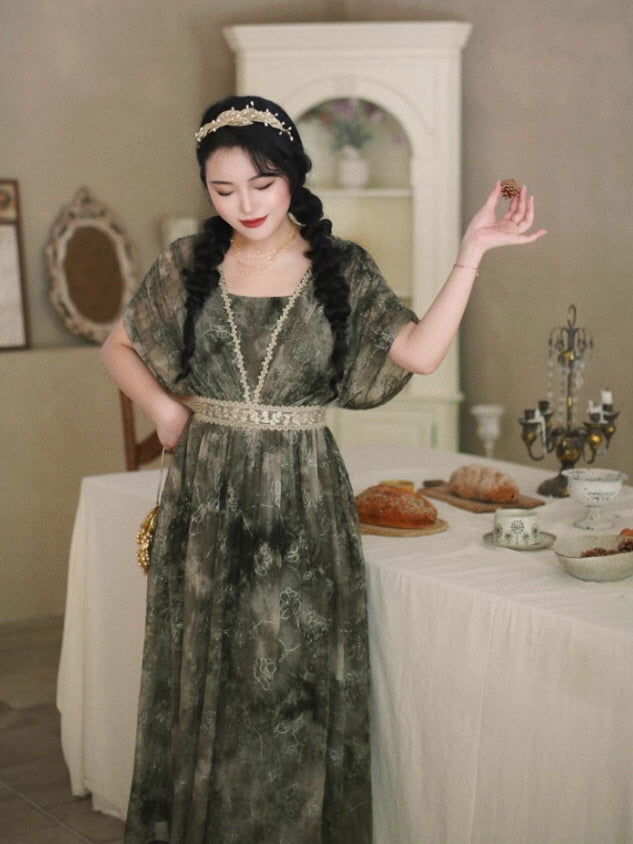 Forest Green Embroidered Lace Dress – Vintage Fairytale Aesthetic