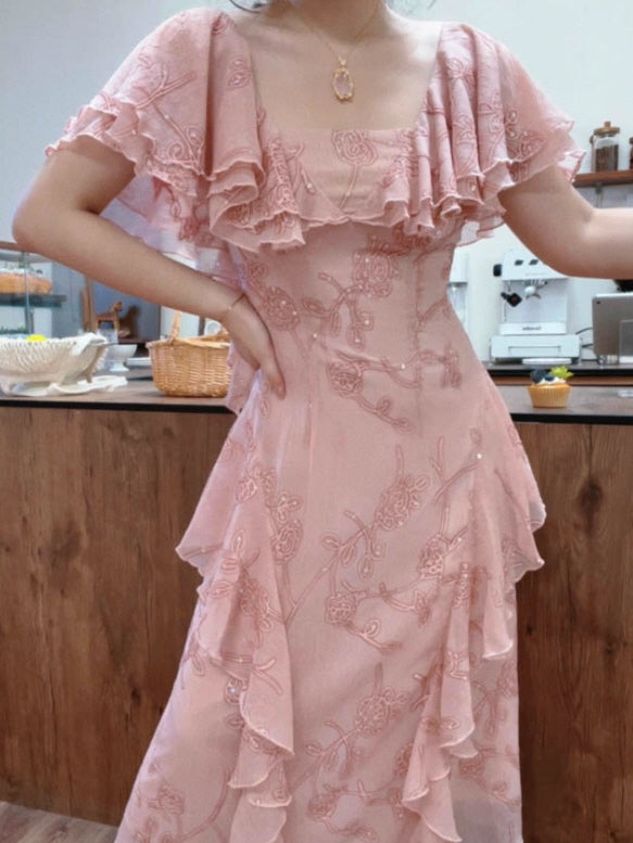 Rosy Cascade Vintage Ruffle Fairy Dress