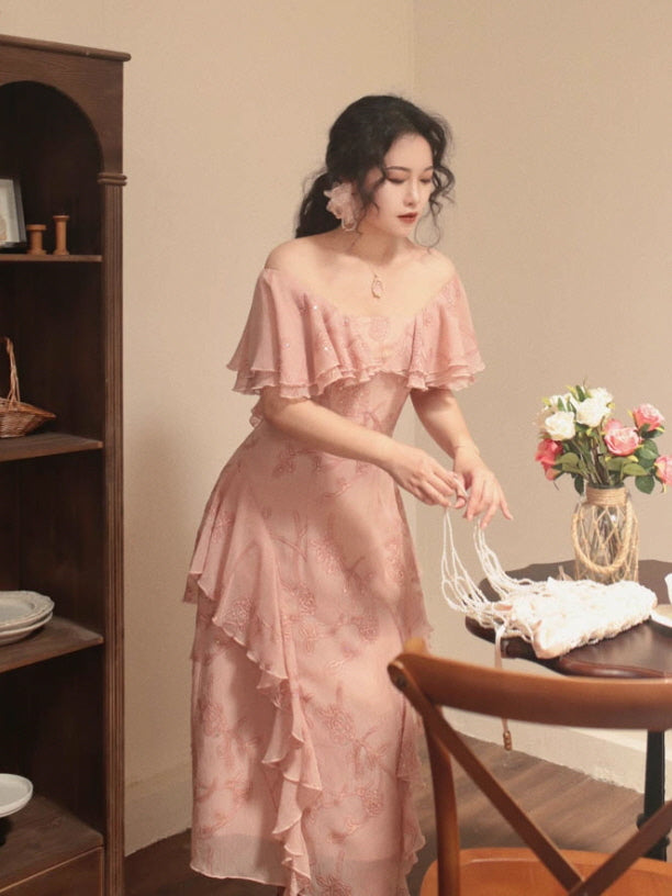 Rosy Cascade Vintage Ruffle Fairy Dress