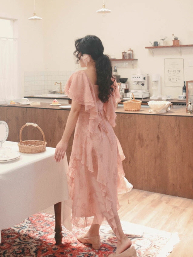 Rosy Cascade Vintage Ruffle Fairy Dress