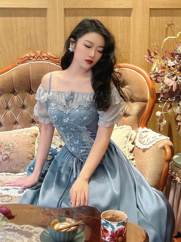 Moonlit Garden Lace-Embroidered Off-Shoulder Dress