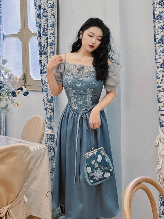 Moonlit Garden Lace-Embroidered Off-Shoulder Dress