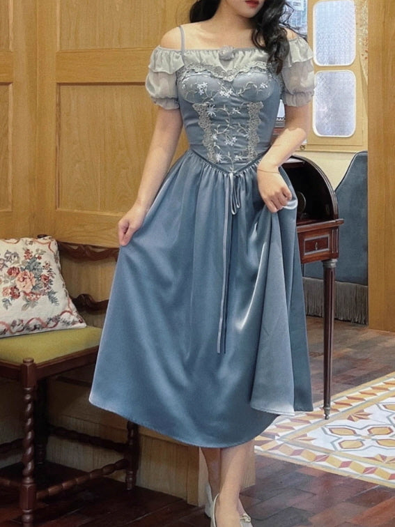 Moonlit Garden Lace-Embroidered Off-Shoulder Dress