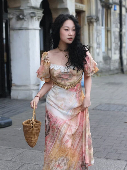 Vintage Tapestry Bloom Lace-Trim Dress