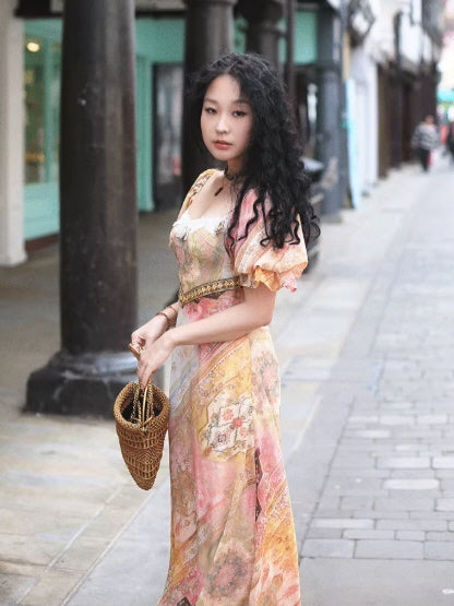 Vintage Tapestry Bloom Lace-Trim Dress