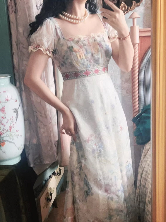 Lace Square-Neck Puff Sleeve Maxi Dress