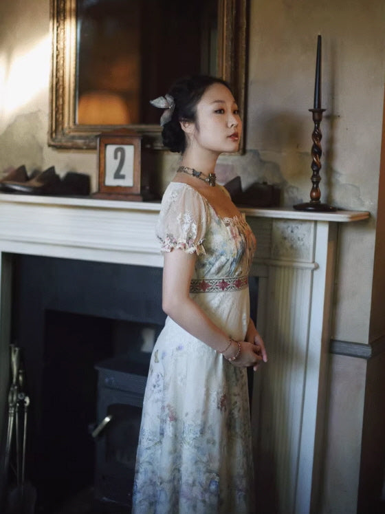 Lace Square-Neck Puff Sleeve Maxi Dress