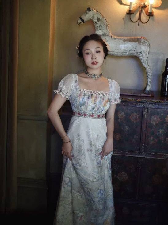 Lace Square-Neck Puff Sleeve Maxi Dress