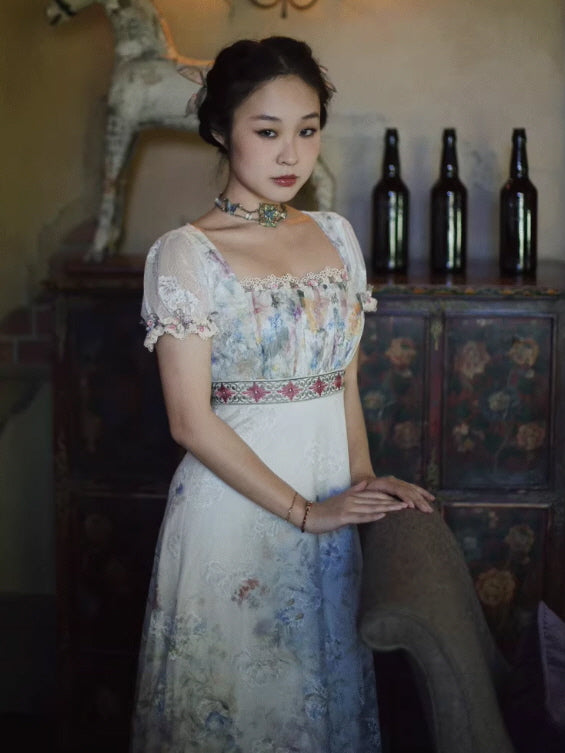 Lace Square-Neck Puff Sleeve Maxi Dress