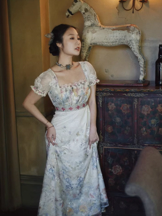 Lace Square-Neck Puff Sleeve Maxi Dress