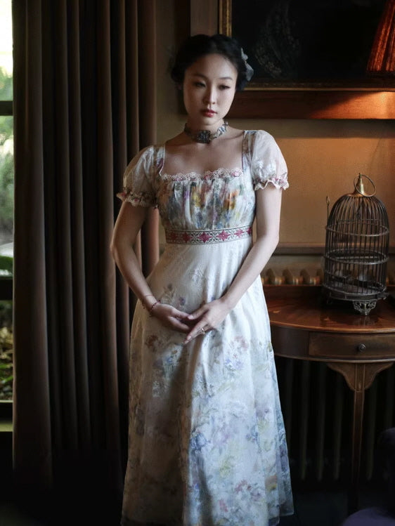 Lace Square-Neck Puff Sleeve Maxi Dress